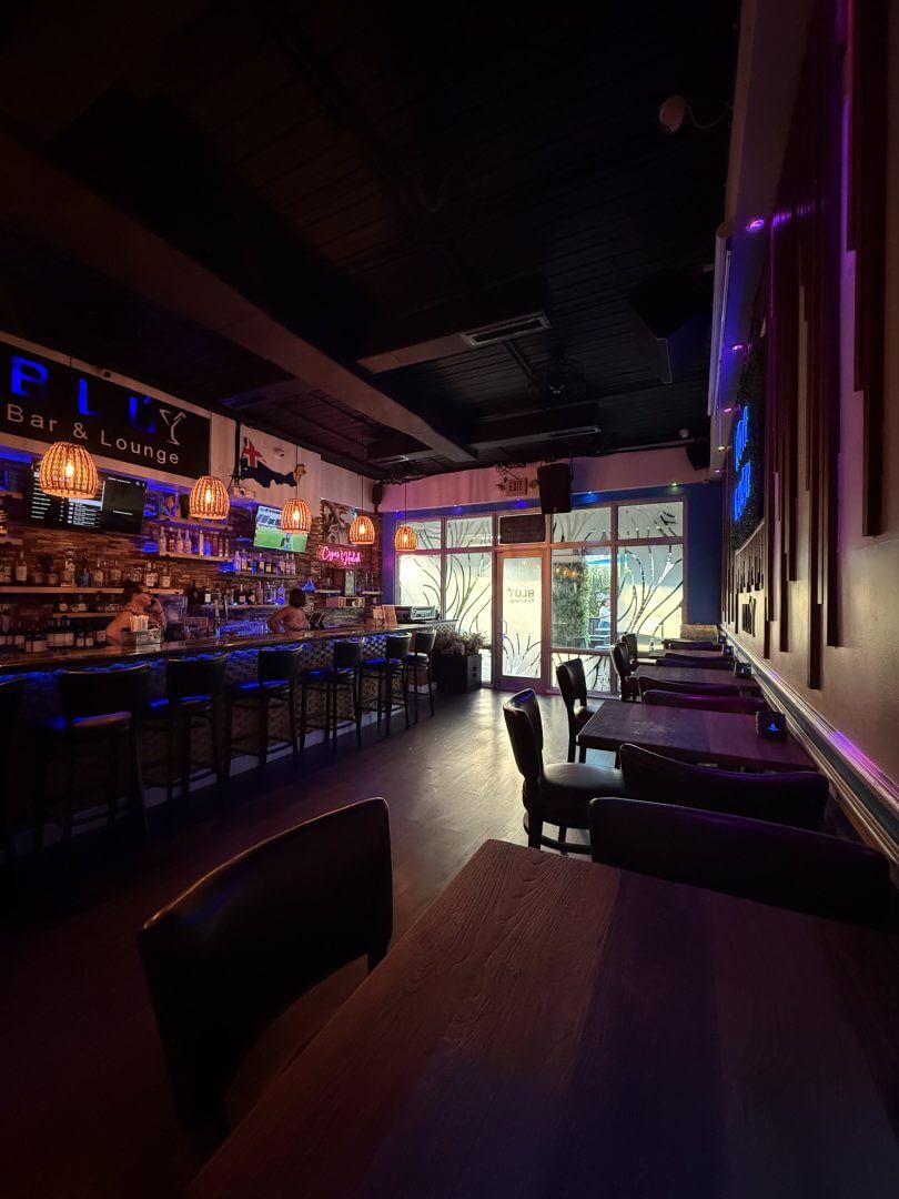Blu bar interior with neon lighting
